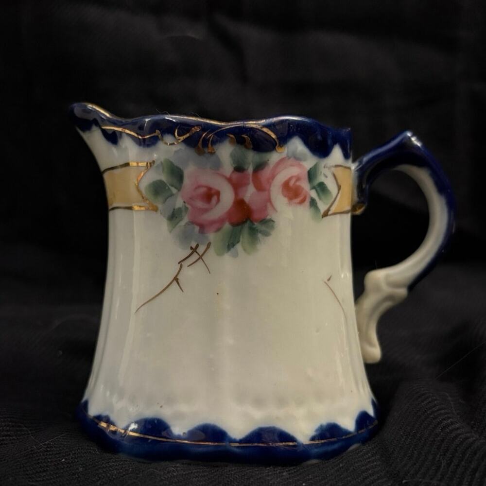 Vintage Nippon Creamer Flow Blue With Floral Accents Hand Painted Made in Japan